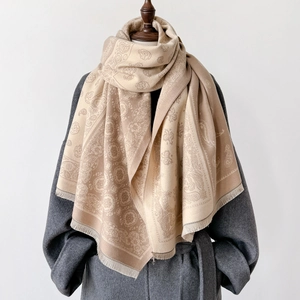 Elegant paisley jacquard shawl scarf in beige and light coffee with fringe trim
