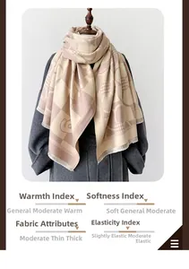 Detail of warm pink and beige plaid scarf with floral pattern on a dark wool coat
