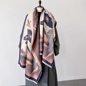 Lotus Flower Print Scarf Shawl Imitation Cashmere Thickened Warm Winter Wrap Chinese Style Landscape Tassel Elegant For Women