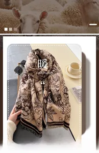 Detail of premium cashmere-like scarf with vintage floral patterns and tassel edges