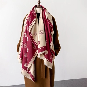 Deep red and cream camellia floral shawl with polka dot border and fringed edges