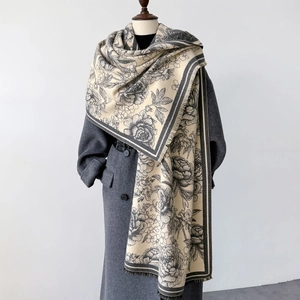 Vintage Peony Floral Print Imitation Cashmere Winter Scarf Shawl For Women Elegant Warm Tassel Wrap Soft Neck Warmer