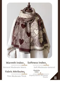 Dettaglio di sciarpa in maglia con motivo a cuore, frange e trama jacquard spessa