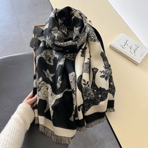 Classic black and white cat pattern shawl with fringe, warm knitted autumn winter cape
