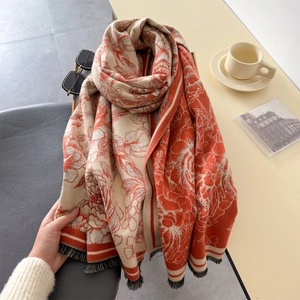 Peony floral cashmere-feel scarf in orange and cream with soft black fringe tassels