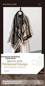 Detail of floral patterns and fringe on a black and beige imitation cashmere scarf