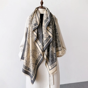 Floral print oversized winter shawl in beige and grey with fashion flower lettering