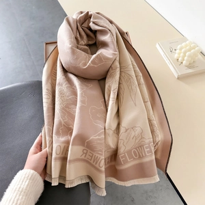 Vintage floral jacquard shawl with tassel fringe and letter pattern for winter style