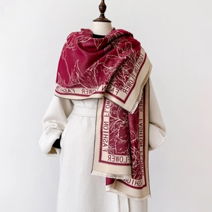 Vintage Floral Print Faux Cashmere Scarf Shawl Warm Thick Soft Double Sided With Tassel Fringe For Women Winter Autumn