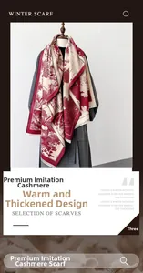 Détail de l'imprimé Toile de Jouy rouge et blanc sur une écharpe épaisse en faux cachemire