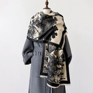 Écharpe Châle Toile De Jouy Imprimé Paysage Faux Cachemire Hiver Chaud Longue Enveloppe Avec Glands Femmes Vintage Élégant