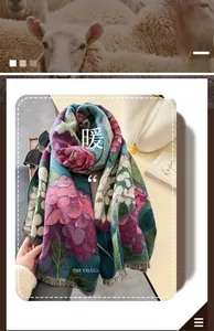 Macro detail of thick knit hydrangea floral scarf with soft fringe and dense texture