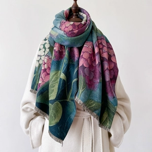Floral hydrangea pattern thick cashmere shawl with elegant long fringes for women