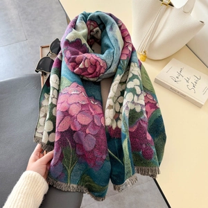 Vintage hydrangea floral print pashmina shawl with tassel fringe for elegant women