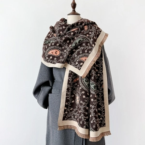 Elegant paisley floral print shawl scarf with tassels in deep coffee and beige tones