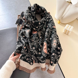 Elegant paisley print rectangle shawl scarf with tassel trim in black and orange colors