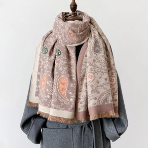 Elegant Morandi purple paisley print pashmina shawl with tassel fringe for women