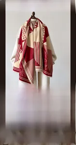 Close-up of thick red and white checkered scarf with soft cashmere-like texture