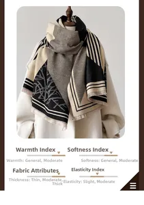 Close-up of thick beige and grey plaid scarf with soft tassels and geometric pattern