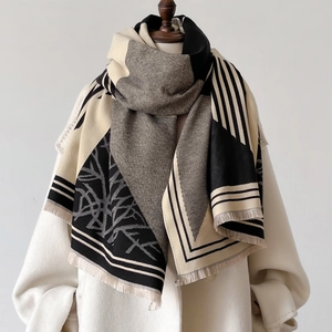 Close-up of thick plaid shawl with tree branch patterns and fine tassel details
