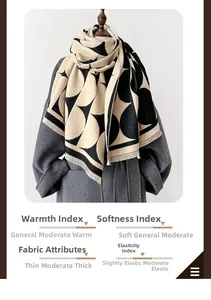 Close-up of beige and black polka dot scarf with short fringe and soft knit texture