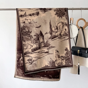 Winter retro oil painting style scarf with European architecture print and fringe