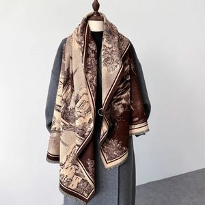 Vintage Oil Painting Landscape Print Scarf Shawl Warm Imitation Cashmere With Tassels Elegant Winter Wrap Women