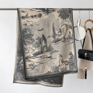 Detail of vintage oil painting style scarf with scenic Toile de Jouy print and tassels
