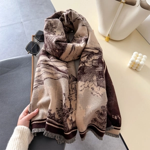Retro landscape jacquard shawl wrap in vintage oil painting style with fringe trim