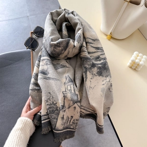 Retro landscape oil painting pashmina scarf with fringe for women in beige and grey