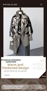 Detail of checkered cashmere-like scarf showing texture and floral pattern close-up