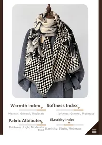 Detail of checkered and floral cashmere-like scarf with fringe on a gray wool coat