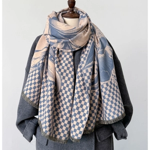 Detail of plaid floral cashmere scarf with fringe hem in mist blue and beige