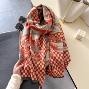 Orange and beige checkered cashmere-feel shawl with tassels and abstract prints