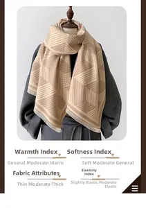 Detail of beige geometric pattern scarf with fine fringe tassels on a grey wool coat