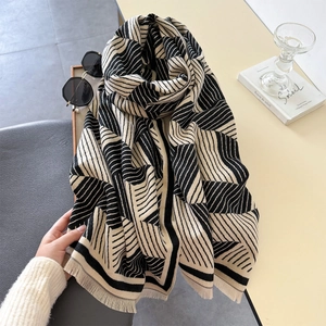 Chic beige and black geometric striped scarf with tassels for winter fashion style