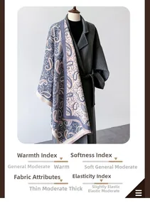 Detail of blue and pink paisley cashmere shawl with fringe texture on a grey wool coat