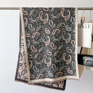 Close-up of paisley jacquard pattern and fringe edge on warm cashmere-like shawl