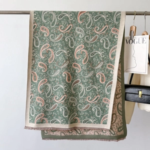 Detail view of paisley jacquard shawl scarf with fringe edges and double-sided design