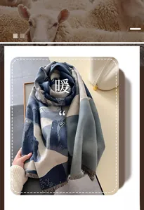 Close-up of cashmere-like scarf showing soft blue abstract texture and thick fringe tassels