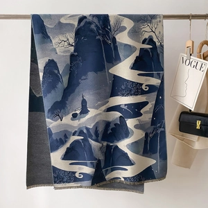 Artistic landscape print faux cashmere shawl with ink painting pattern and fringe trim