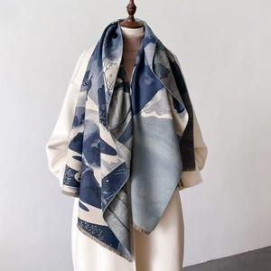Elegant Landscape Ink Painting Imitation Cashmere Scarf Long Warm Shawl With Tassels For Winter Autumn Women Wrap