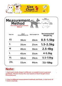 Guide des tailles pour gilet en polaire pour animaux avec mesures de buste et dos