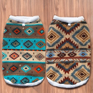 Ethnic Fair Isle fleece dog vests with warm lambskin trim and D-ring for leash attachment