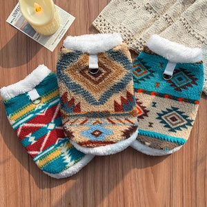 Pet Fleece Vest Warm Tribal Geometric Dog Clothes With Sherpa Collar D-Ring Leash Attachment Winter Cat Apparel