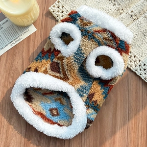 Detail of warm Fair Isle fleece pet vest with soft plush trim and ethnic pattern