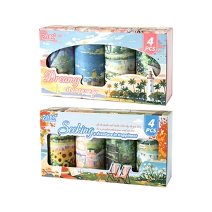 Two boxes of decorative washi tape sets featuring scenic city and nature hand-drawn illustrations