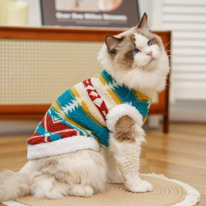 Detail of warm Fair Isle pattern pet vest with plush trim on a fluffy Ragdoll cat
