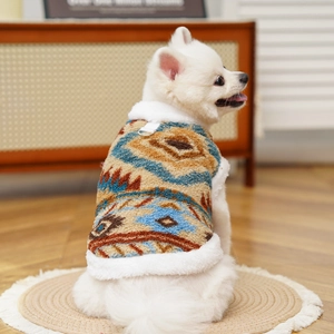 Detail of dog fleece vest with colorful geometric patterns and D-ring leash attachment