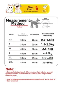 Detailed size chart for hooded pet fleece jumpsuit including length and chest measures